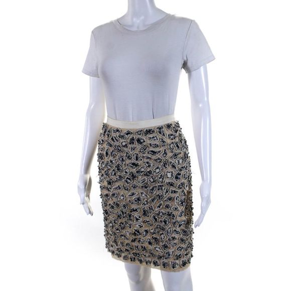 Oscar de la Renta Womens Cotton Blend Textured Zip Up Pencil Skirt Beige Size 4 - Picture 2 of 6